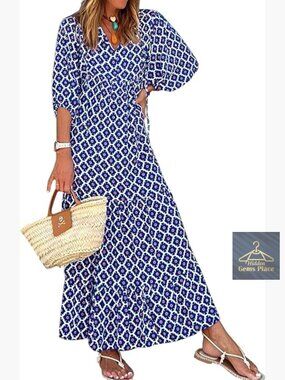 Maxi Dress V-Neck High Waist Bohemian Geometric Pattern Summer Casual